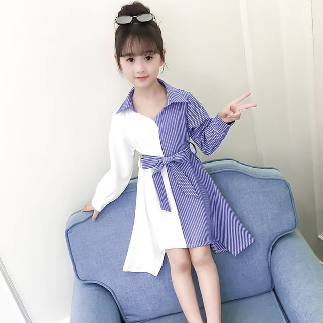 Robes pour Fille Robe de Fête à Rayures Patchwork pour Fille Robe Ajustée Irrégulière pour Enfants pour Filles Automne Vêtements Coréens pour Filles 6 8 10 12 14