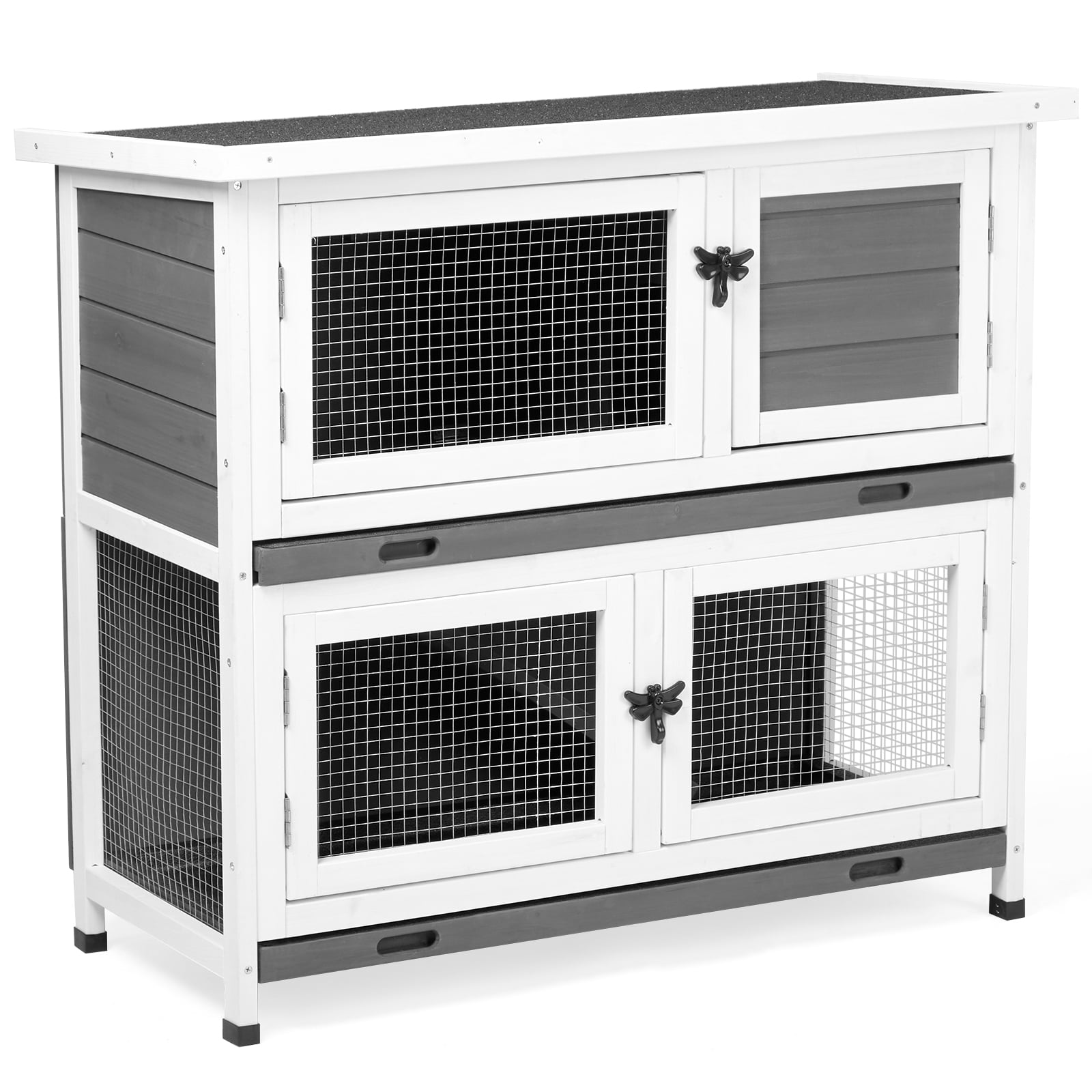 2 Story Solid Wood Rabbit Hutch Bunny Cage with 2 Large Main Rooms, Indoor Outdoor Rabbit House Guinea Pig Cage Pet House for Small Animals with 2 Removable Trays, Grey
