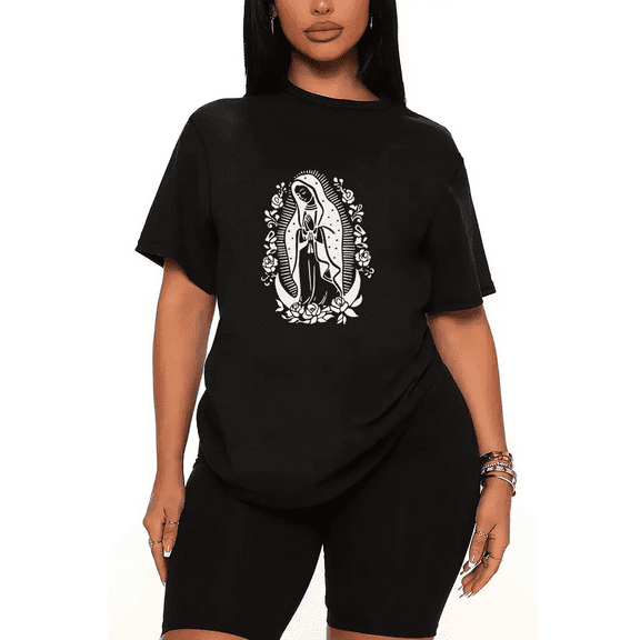 Womens 2 Piece Oversized Lounge Outfit Casual Summer Sets Mother of Jesus Graphic Virgin Mary Printed Crew Neck T-Shirt and Short Matching Clothing Set-Black-3XL