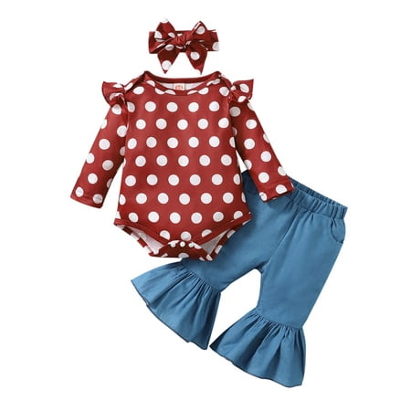 

Toddler Girls Outfit Polka Dots Prints Long Sleeves Tops Denim Bell Bottom Jeans Pants Headband 3pcs Set Outfits 3 Piece Set Girls