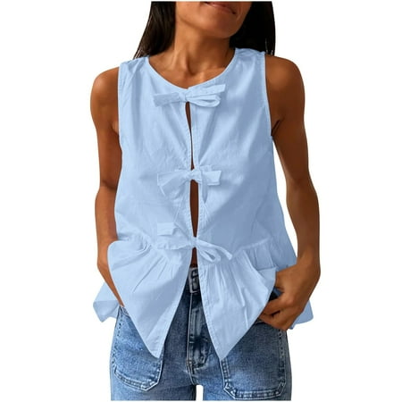 JGGSPWM Women s Sleeveless Bow Tie Front Peplum Tank Top Loose Fit Cut Out Babydoll Blouse Summer Shirt Y2K Ruffle Hem Lace Up Vest Blue S