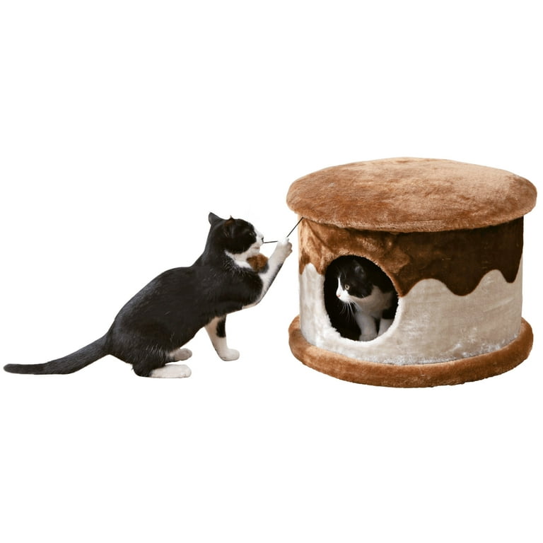 TRIXIE Cozy Plush Cover Indoor Cat Condo with a Cat Toy on