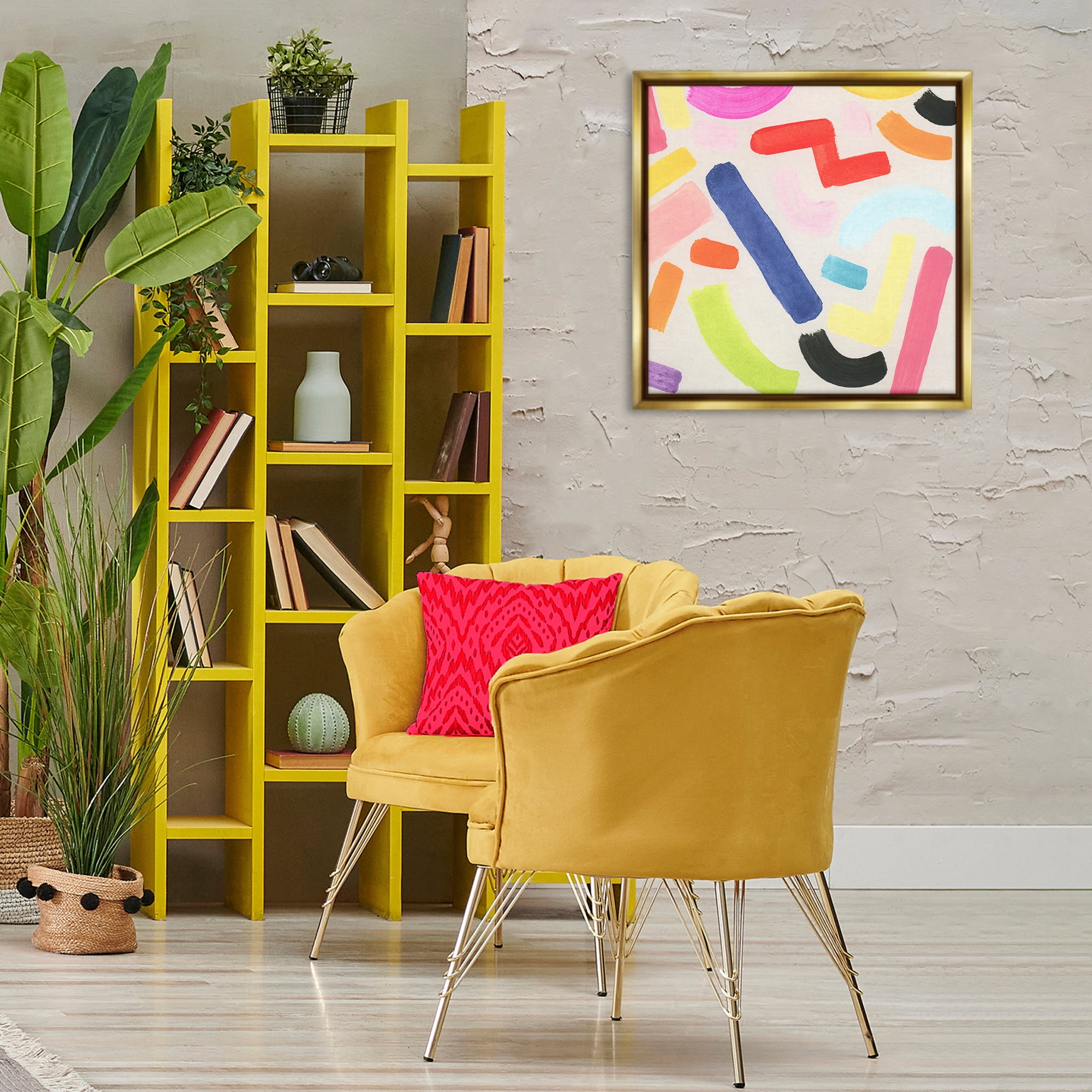 Stupell Industries Scattered Retro Shapes Abstract Painting Gold Floater Framed Canvas Art Print Wall Art, 25 x 25