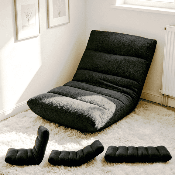 Taoset 4-Position Adjustable Floor Chair, Folding Lazy Sofa Recliner, Cozy Bouclé Teddy Fabric Floor Lounger with Back Support for Bedroom, Living Room, Meditation, Reading, Black
