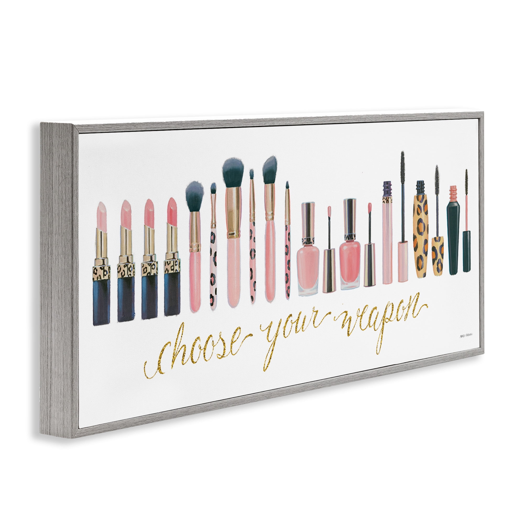 Stupell Industries Choose Your Weapon Glam Makeup Typography Painting Gray Framed Art Print Wall Art, 24 x 10