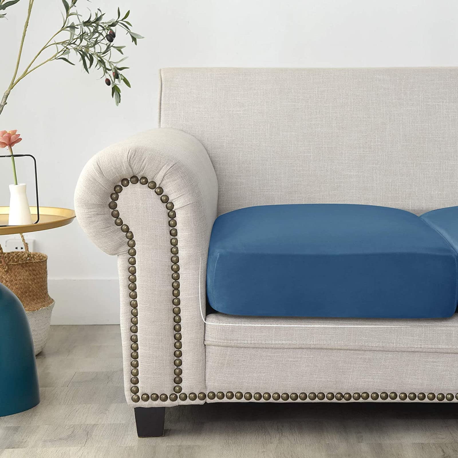 Velvet Sofa Seat Cushion Covers, Sofa Cushion Covers Stretch Couch Cushion Cover Soft with Elastic Bottom Sofa Seat Cover for Chair Sofa-Peacock blue-3-seater