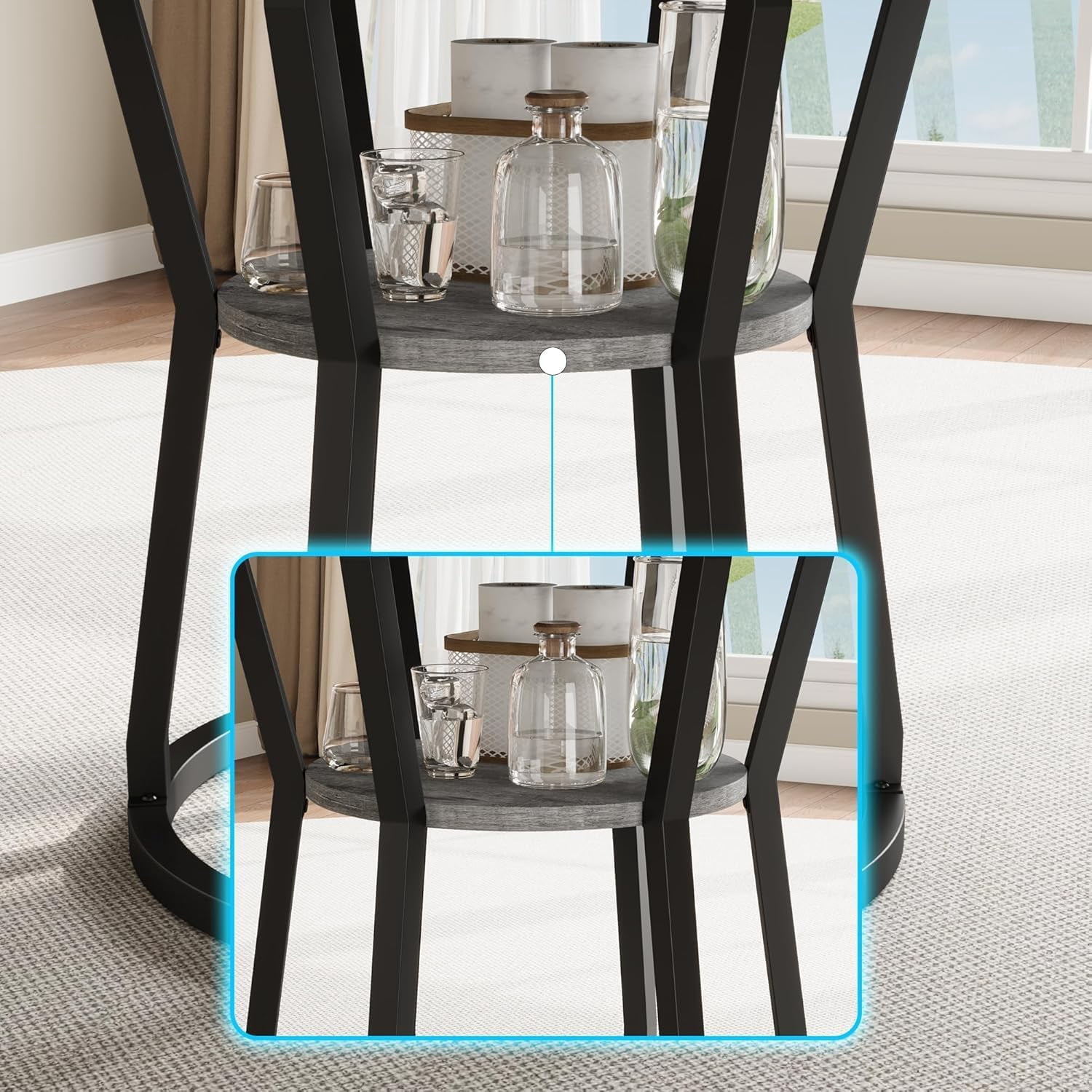 JoanKaren 47.2" Farmhouse Round Dining Table,Space Saving Wood Kitchen & Dining Room Circle Table Furniture with Storage and Metal Legs,Grey