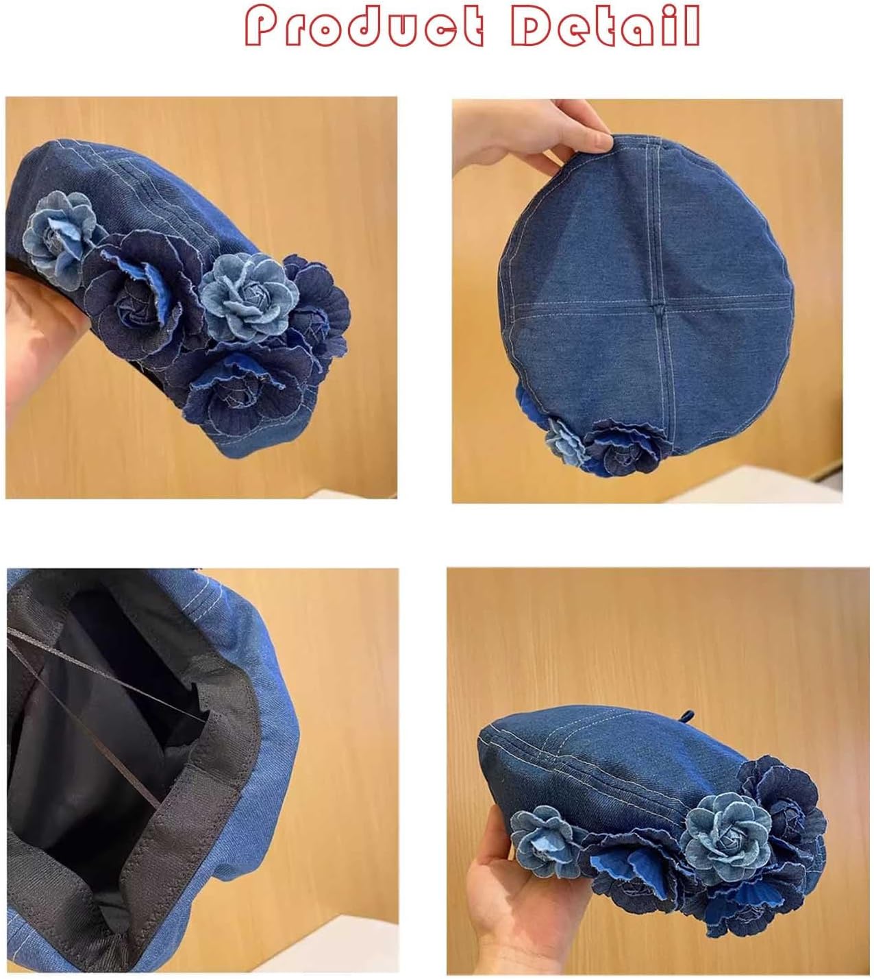 Denim Flower Beret Hat Painter Hat for Women French Hat Artist Hat Casual Sun Hat with Adjustable Strap