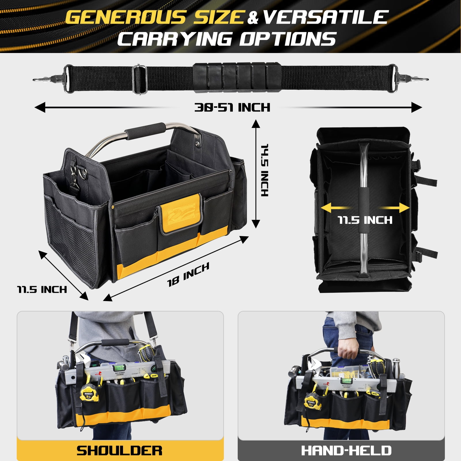 18" Heavy Duty Tool Bag, Open Top Tool Tote for Electricians, 30 Pockets, 1680D Oxford Fabric, Foldable with Rotating Handle, Reflective Tool Bag, Yellow