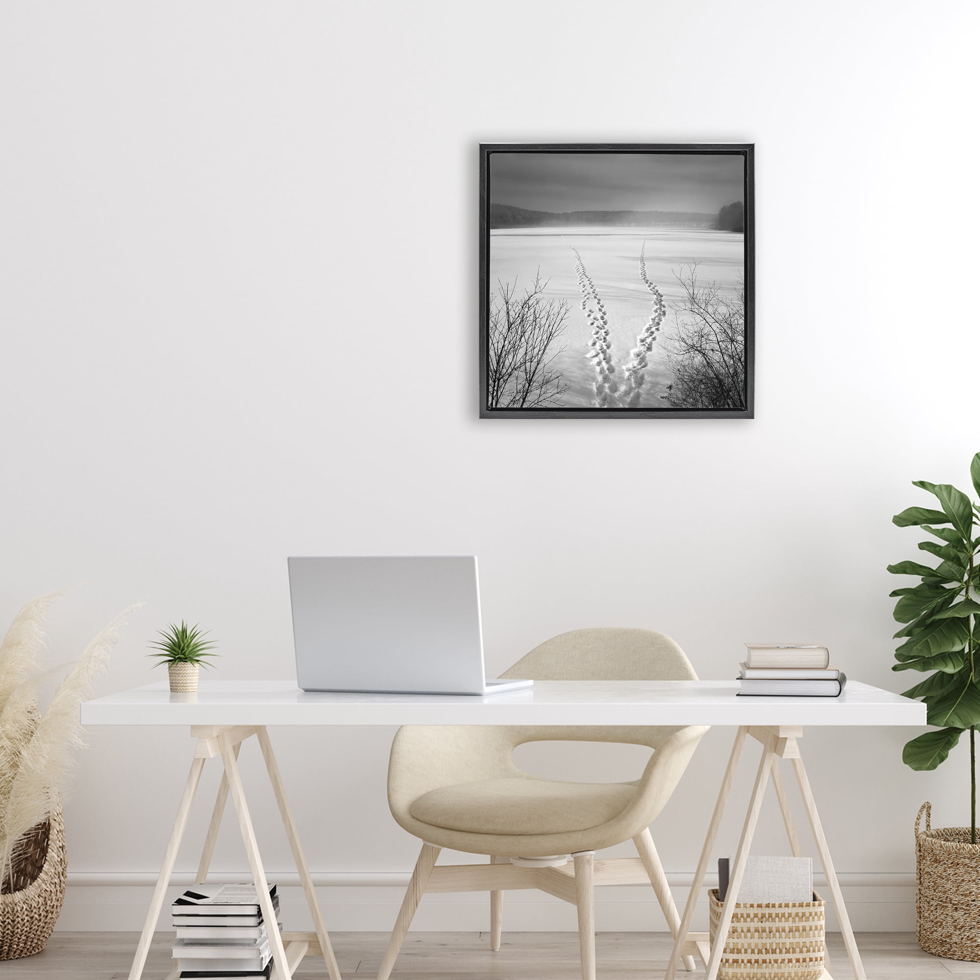 Stupell Industries Snowstep Tracks Across Frozen Lakes Black Framed Floater Canvas Wall Art, design by Chip Forelli