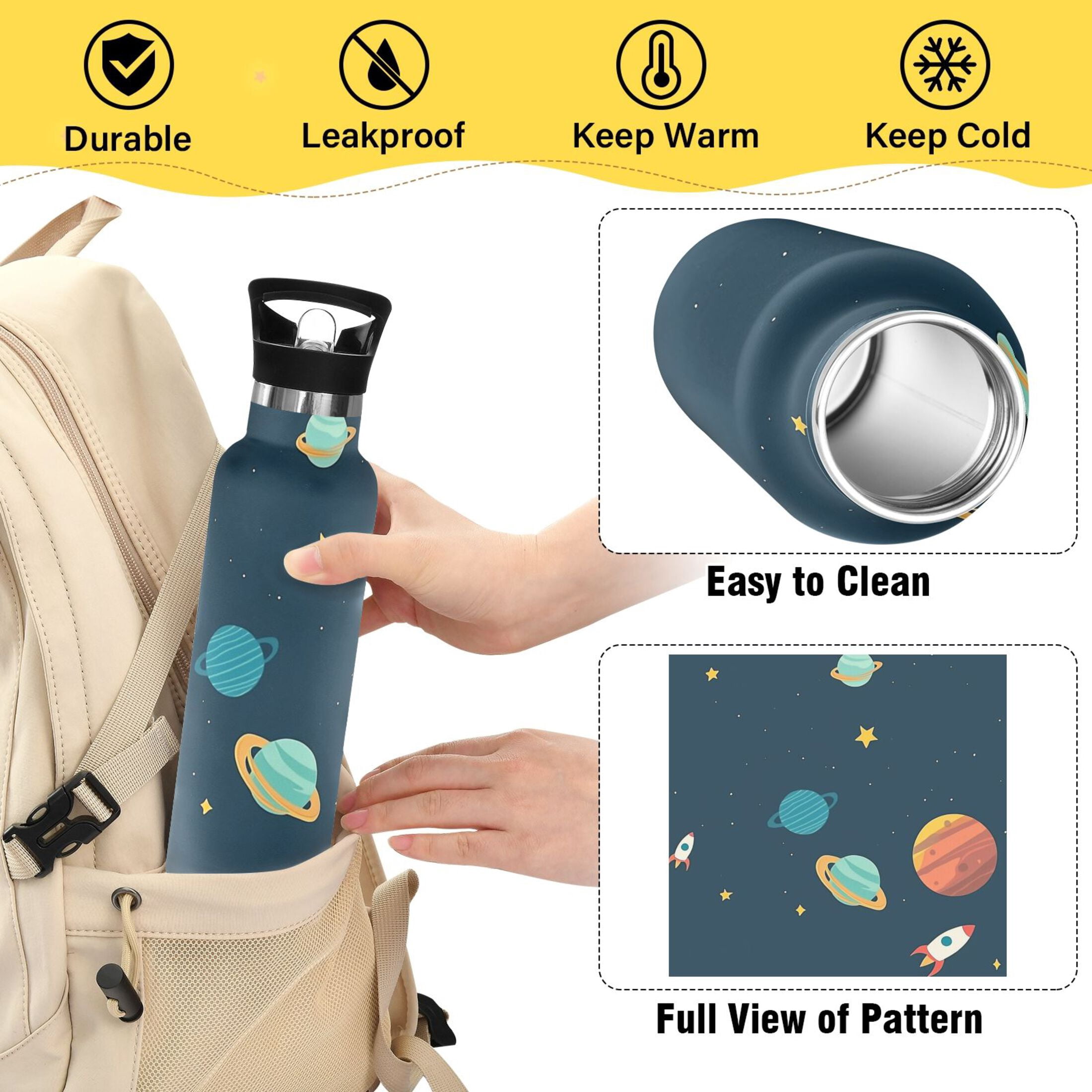 Kids Insulated Stainless Steel Sports Water Bottle 600ml (20oz), BPA-Free Space Planets and Stars