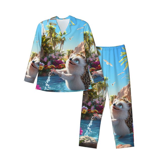 Fotbe Playful Hedgehog Forest Pond Pijama de Hombre con Estampado de Manga Larga, Conjunto de 2 Piezas, Ropa de Dormir Suave y Cómoda con Bolsillos-Small