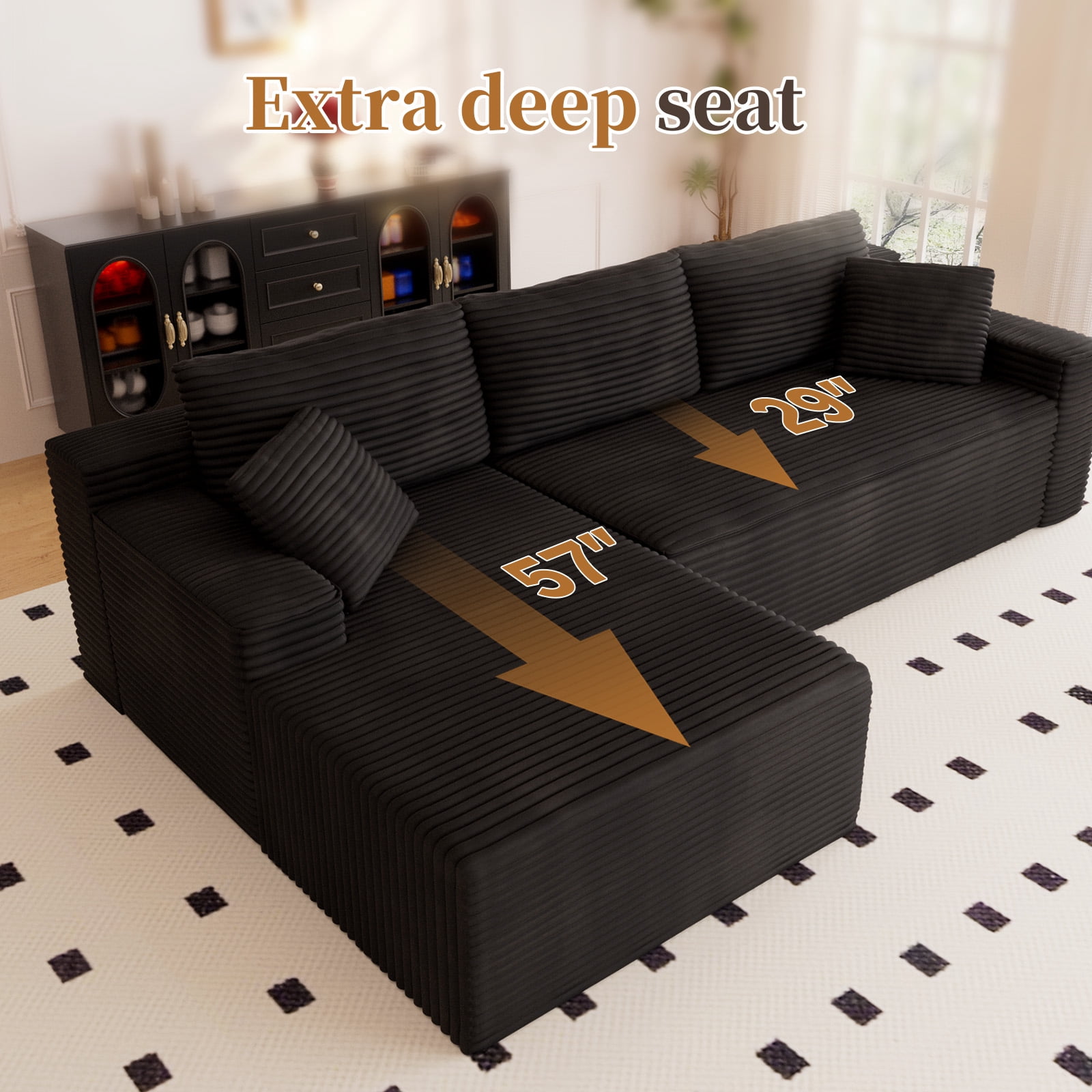 Lunale 105" Modular L-Shaped Sectional Sofa, Boneless Cloud Couch, No Assembly Required, Modern Deep Seat Corduroy Sofa for Living Room, Black (Left Facing Chaise)