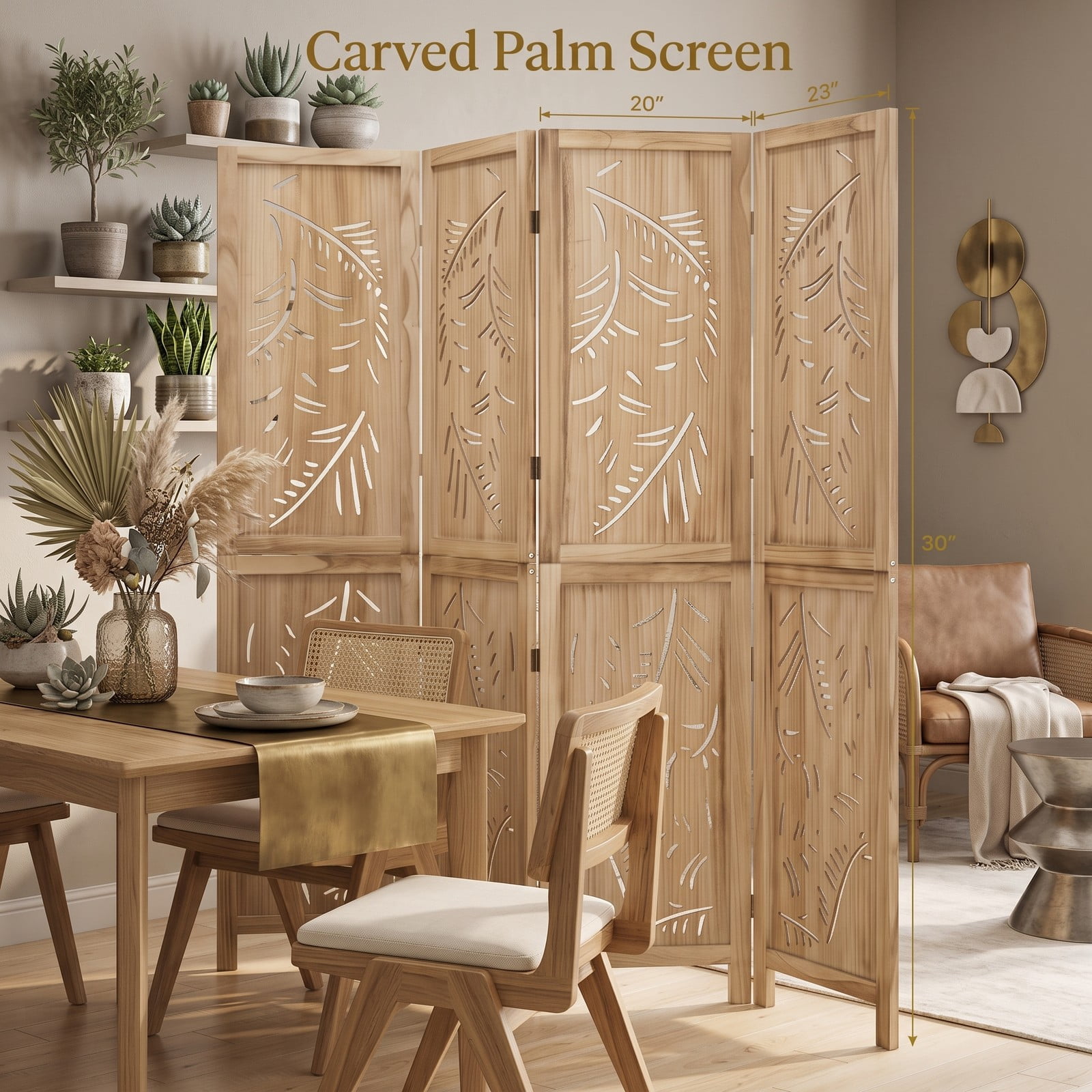 ALPULON 4-Panel Wooden Room Divider Freestanding Folding Privacy Screen with Palm Leaf Design & Paulownia Frame for Home Bedroom Office, Natural