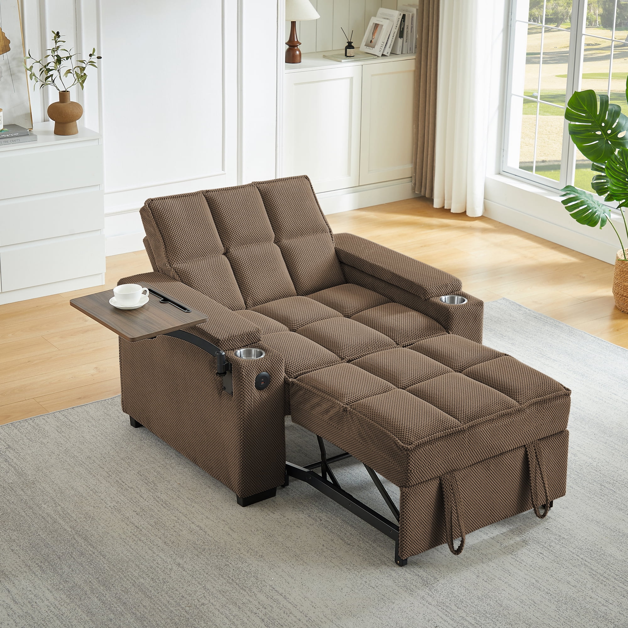 Gewnee 3-in-1 Convertible Sleeper Chair with Adjustable Backrest,Pull-Out Single Sofa Bed with Swivel Side Table & USB Ports & Cup Holder,Perfect for Dorms,Offices.Coffee