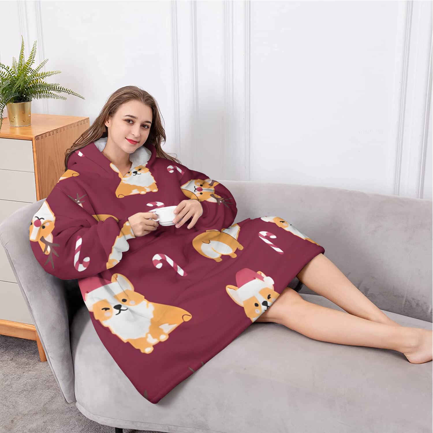 Oversized Wearable Blanket Hoodie,Christmas Corgi Sherpa Blanket Hoodie with Super Pockets,Super Warm Fuzzy Pullover for Women & Men