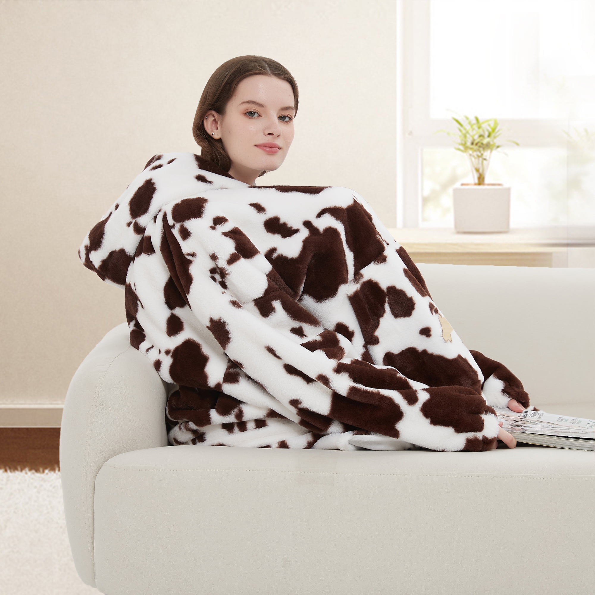 Brownish Cow Print Adults' All Over Print Pullover Hooded Lounger