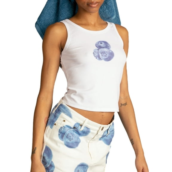 Michellecmm Women's Summer Crop Tank Tops Fruit Print Crew Neck Slim Vest