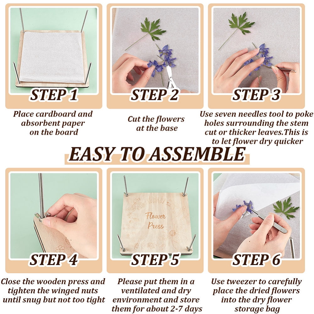 Flower Press Kits including Wood Sheet Craft Papers Tracing Paper Tweezers Polishing Brush Pens Bees 16.2~24.7x2.5~24.7x0.65~1.2cm 1 set