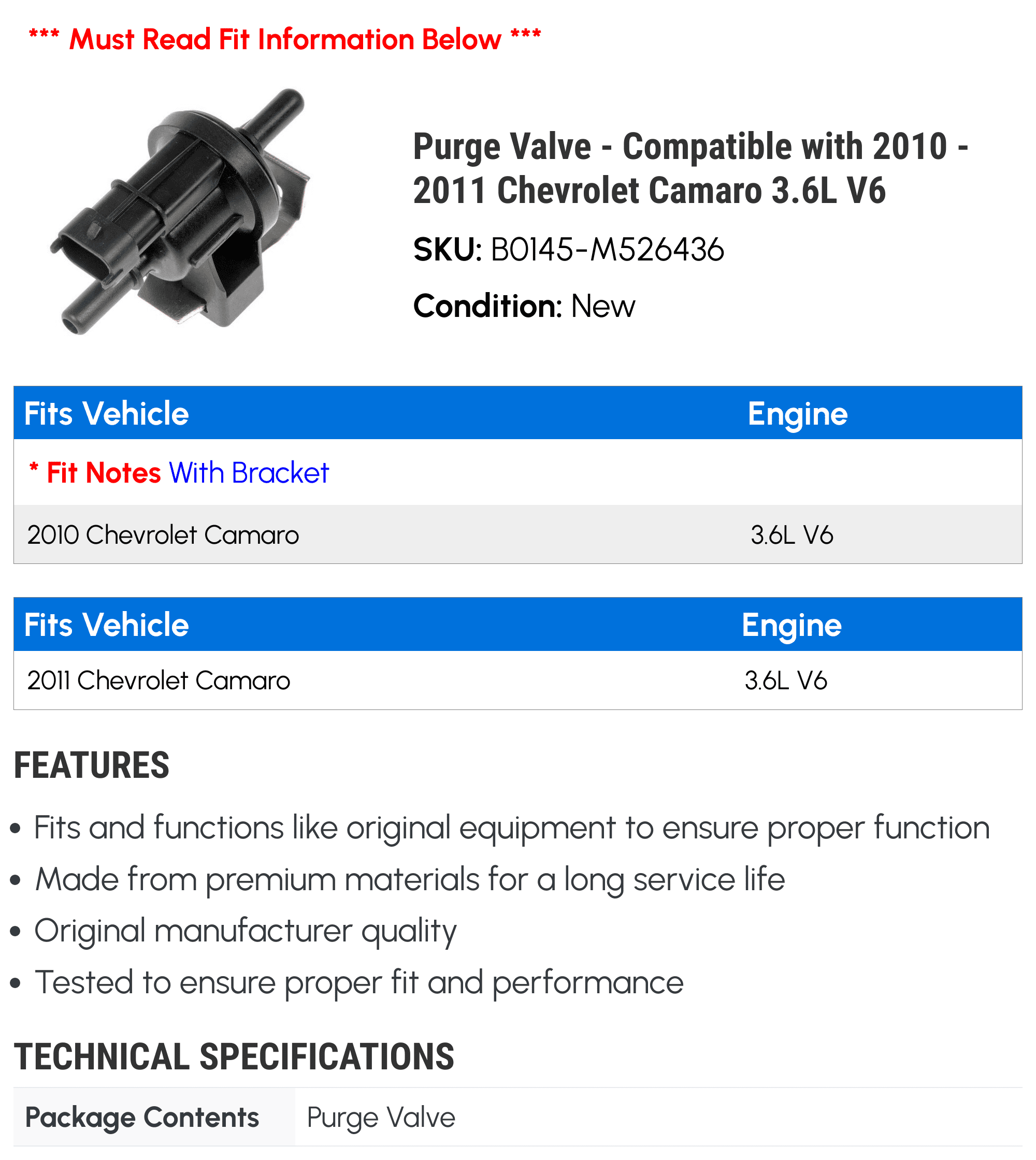 Purge Valve - Compatible with 2010 - 2011 Chevrolet Camaro 3.6L V6 - Dorman