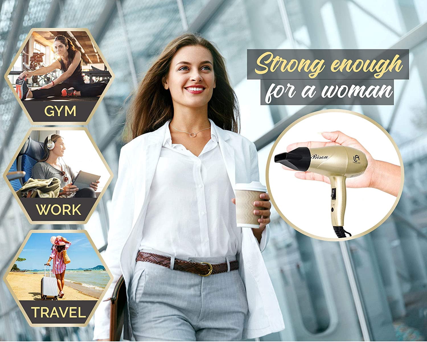 Le Angelique Mini Hair Dryer 1200W Super Strong with Diffuser Travel Size (Gold)