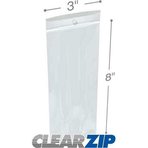 International Plastics CZH20308 3 x 8 in. ClearZip with Hanghole Bags, 0.002 Gauge - Case of 1000