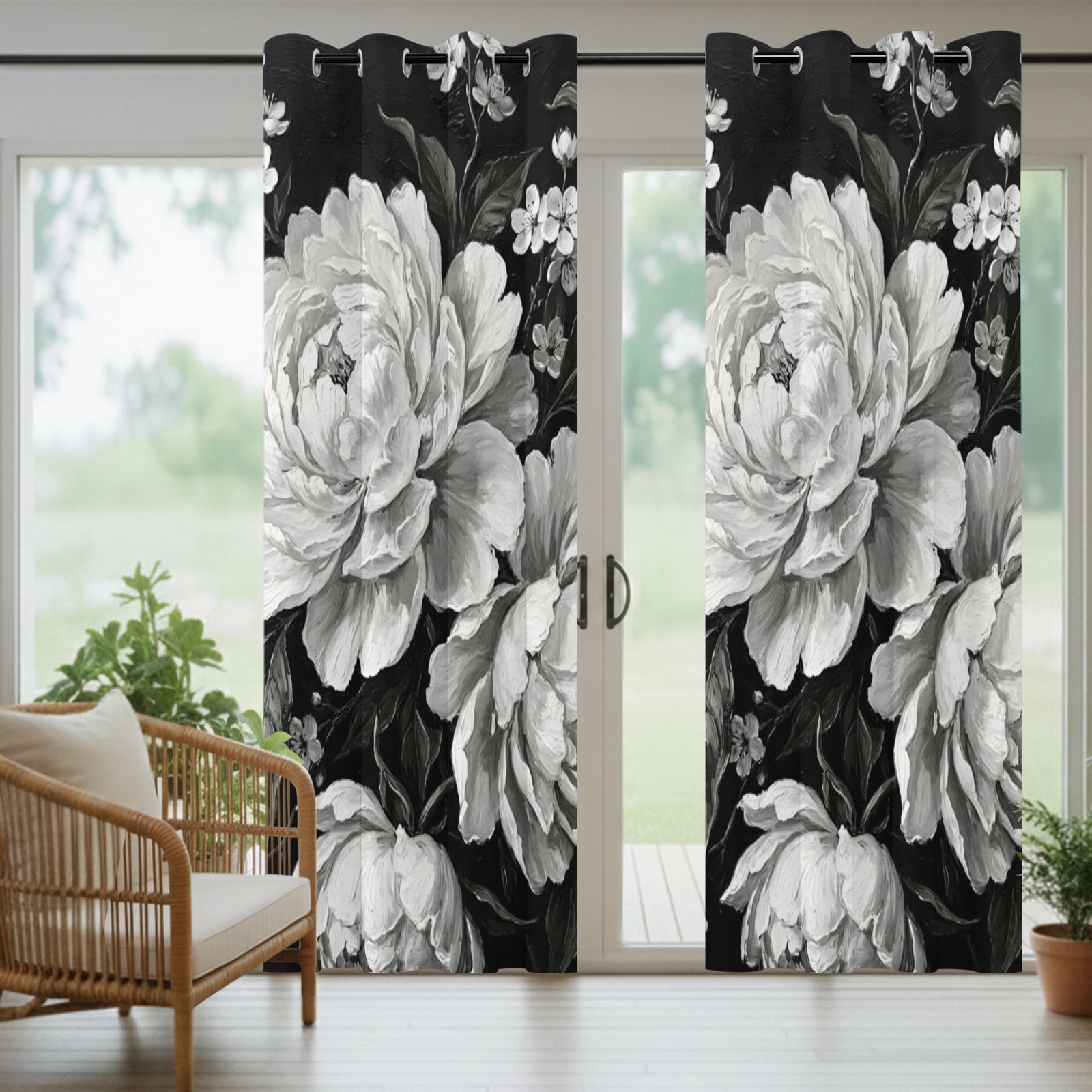 Blooming Peony Outdoor Curtains for Patio, Floral Black White Plant Sunshade Privacy Drapes Grommet Waterproof Outside Curtains for Porch/Cabana/Balcony 54"x 108", 1 Panel