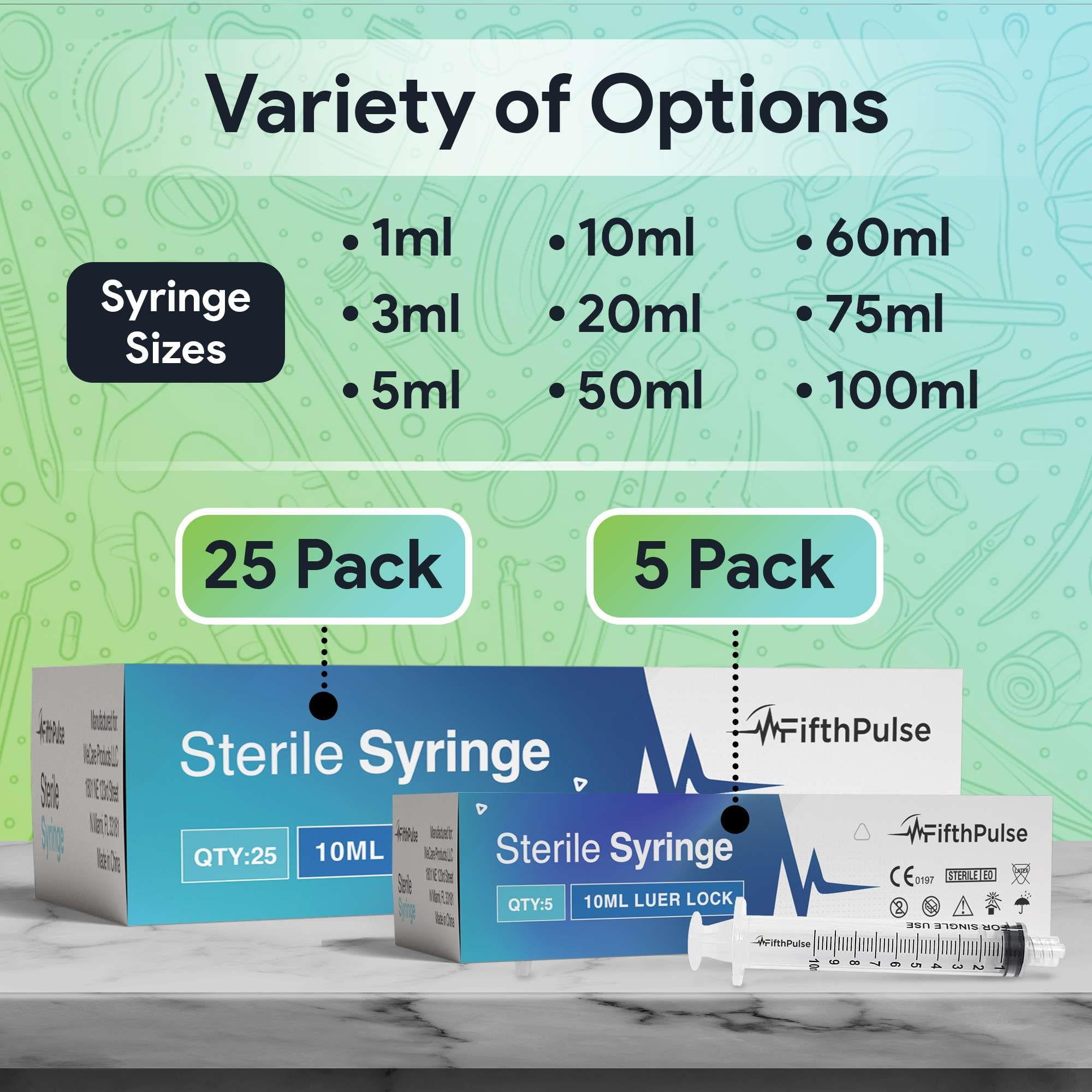 FifthPulse 10 ml Syringe without Needle - 25 Pack of Disposable Syringes - Good for Medical, Scientific Lab, Home Use, and More - Sterile Luer Lock Syringes