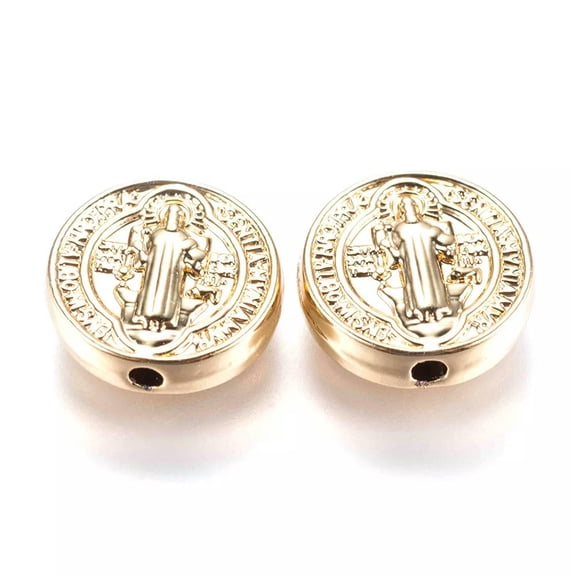 U8MO 50pcs Electroplate Brass Coin Beads Carved Santa Virgin Gold Tone Spacers 10x3mm