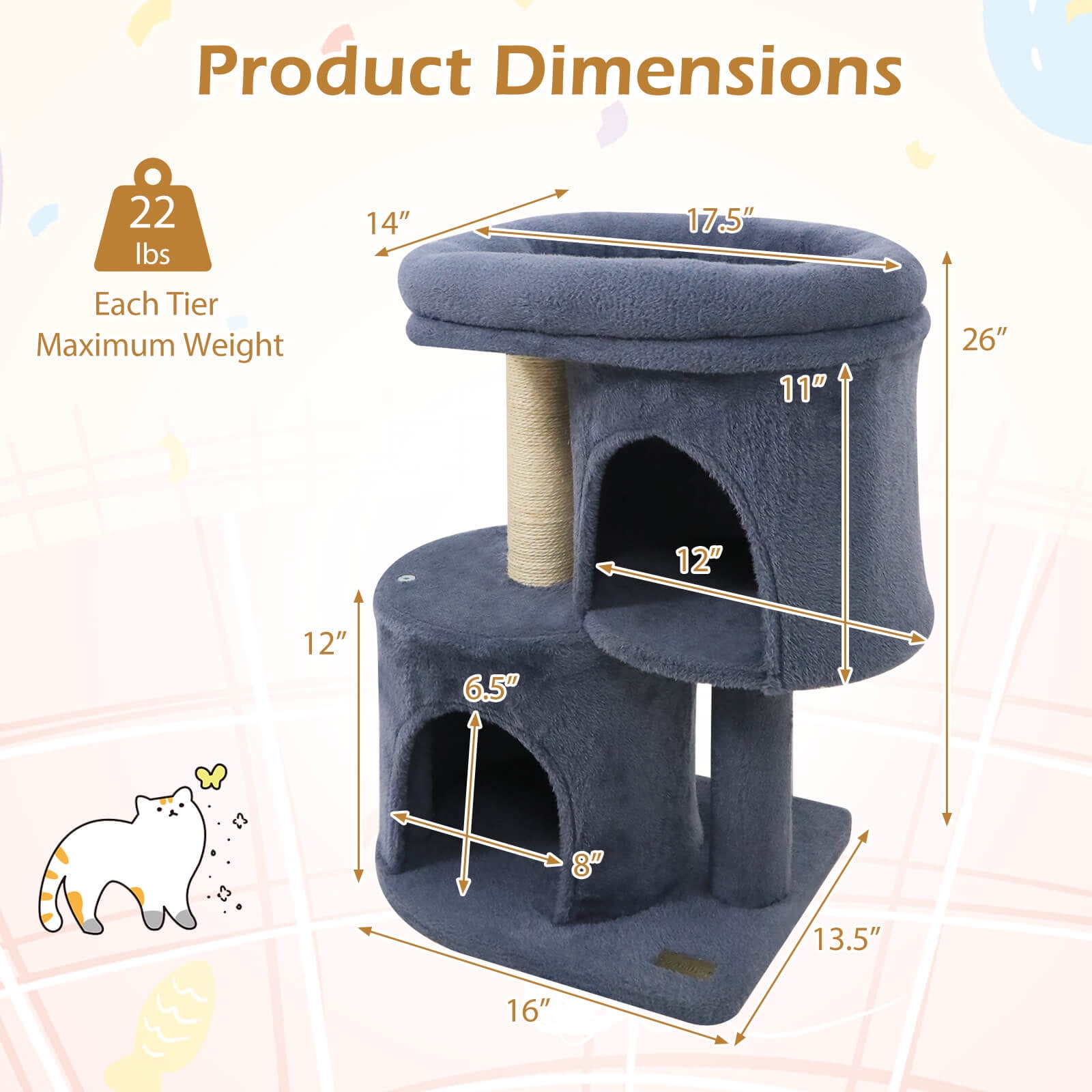 Costway 26” Small Cat Tree with Large Padded Plush Perch, 2 Condos, Sisal Scratching Posts Dark Gray