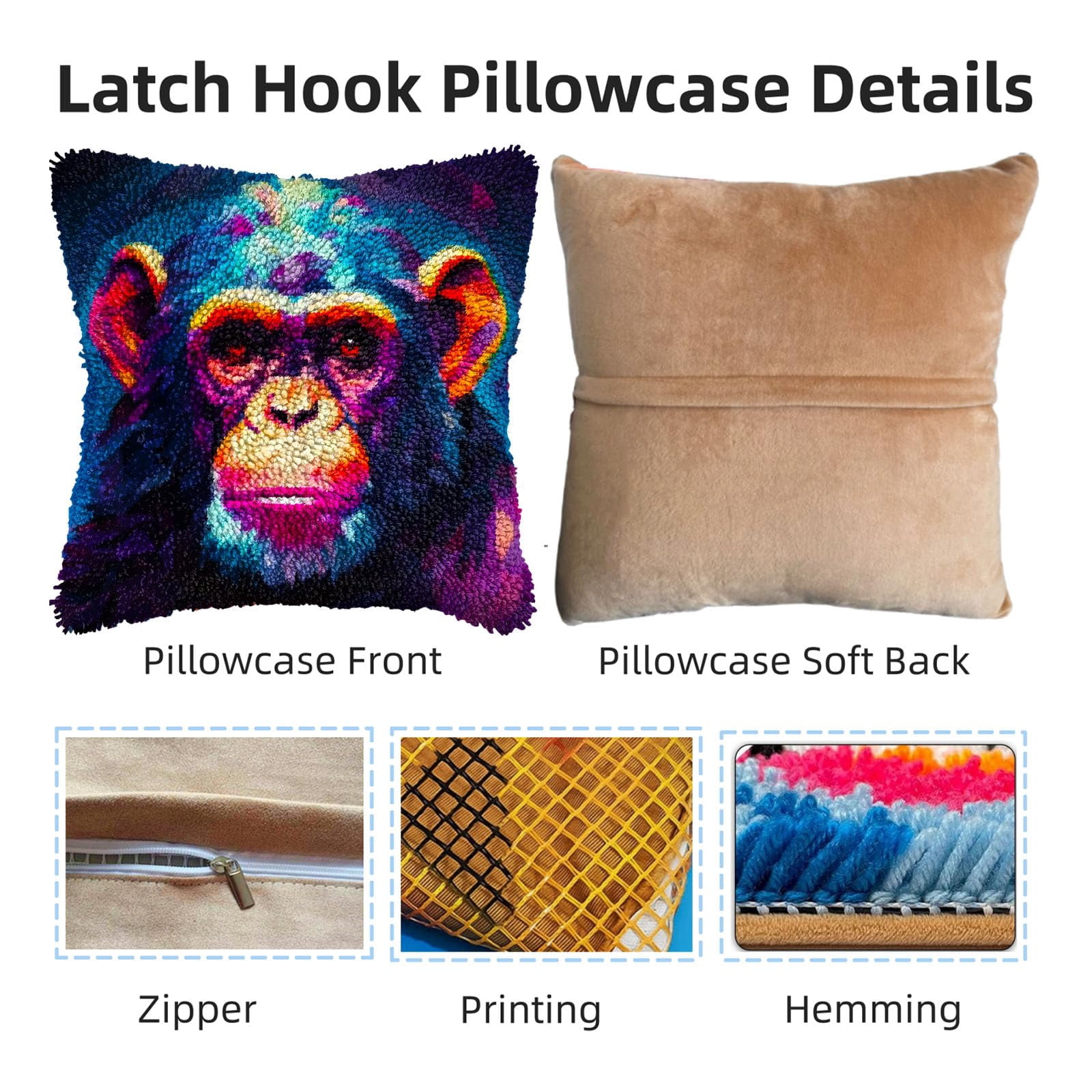 Portrait of Monkey DIY Latch Hook Pillow Kits for Adults Printed Pillowcase Crochet Yarns Hooking Handmade Pillow Cover Cushion for Home Sofa Decoration 17x17inch