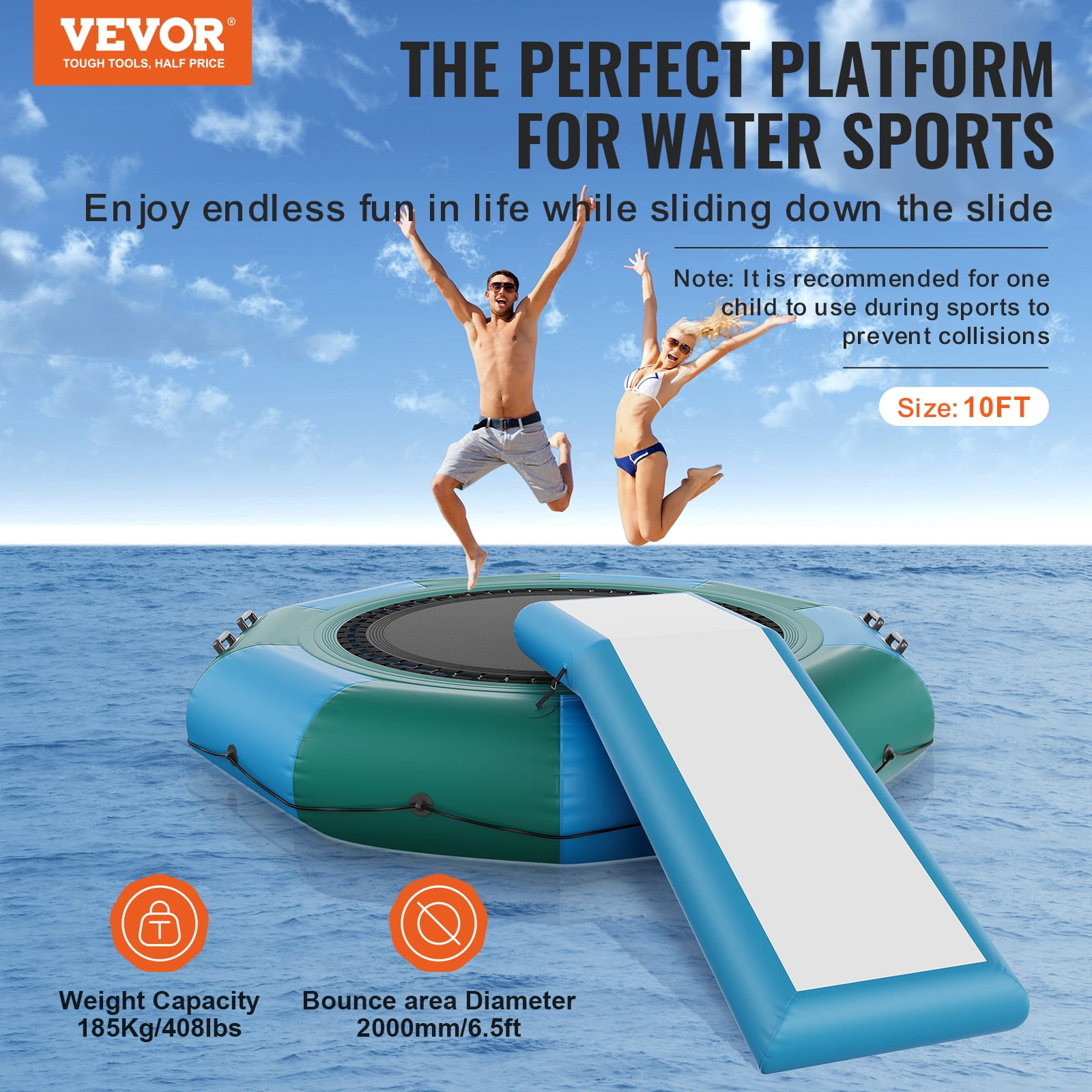 VEVOR Inflatable Water Bouncer, 10ft Recreational Water Trampoline, Portable Bounce Swim Platform with Slide,3-Step Ladder & Electric Air Pump,Kid Adult Floating Rebounder for Pool Lake Water Sports