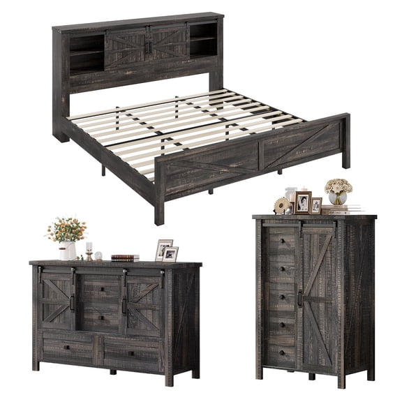 VanAcc 3-Piece Farmhouse Bedroom Set, King Size Bed with Sliding Barn Doors & Bookcase Headboard, with Dresser, Black Oak