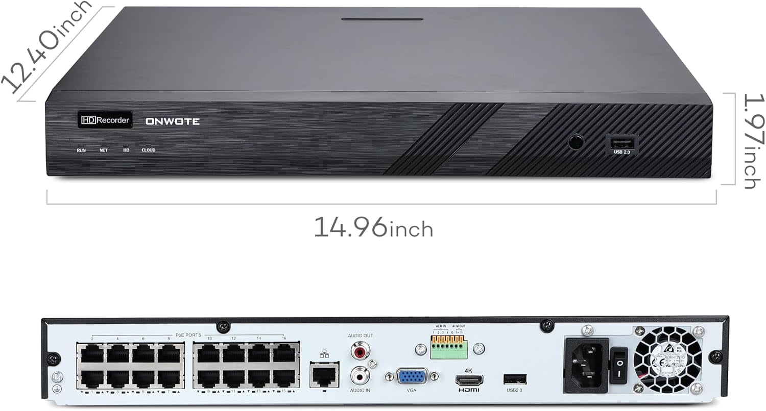 ONWOTE 12MP NVR 16 Channel Security Camera System, 16x 4K 8MP Vandal Proof Audio PoE IP Cameras, Smart Color Night Vision, 16CH Commercial NVR 4TB, Wired Outdoor CCTV for Businesses