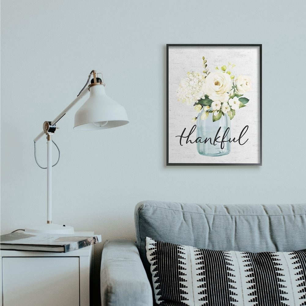 Stupell Industries Simple Thankful Phrase Over Country Floral Jar Framed Wall Art Design by Lettered and Lined, 11" x 14", Black Framed