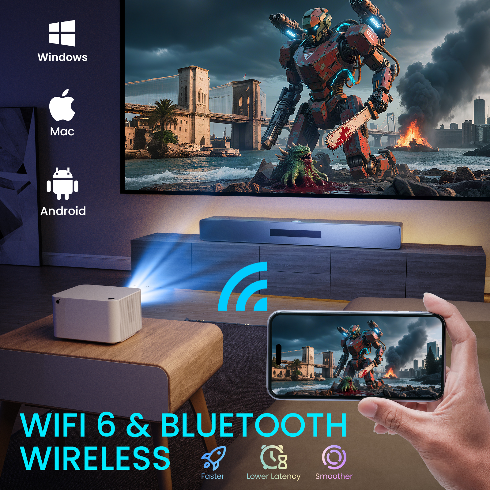 Built in Streaming Smart Projector and Fresnel 85% Alr Screen, Daylight Screen 100% Srgb Support 8k/4k, Home Projector Wifi 6 Bluetooth 5.4