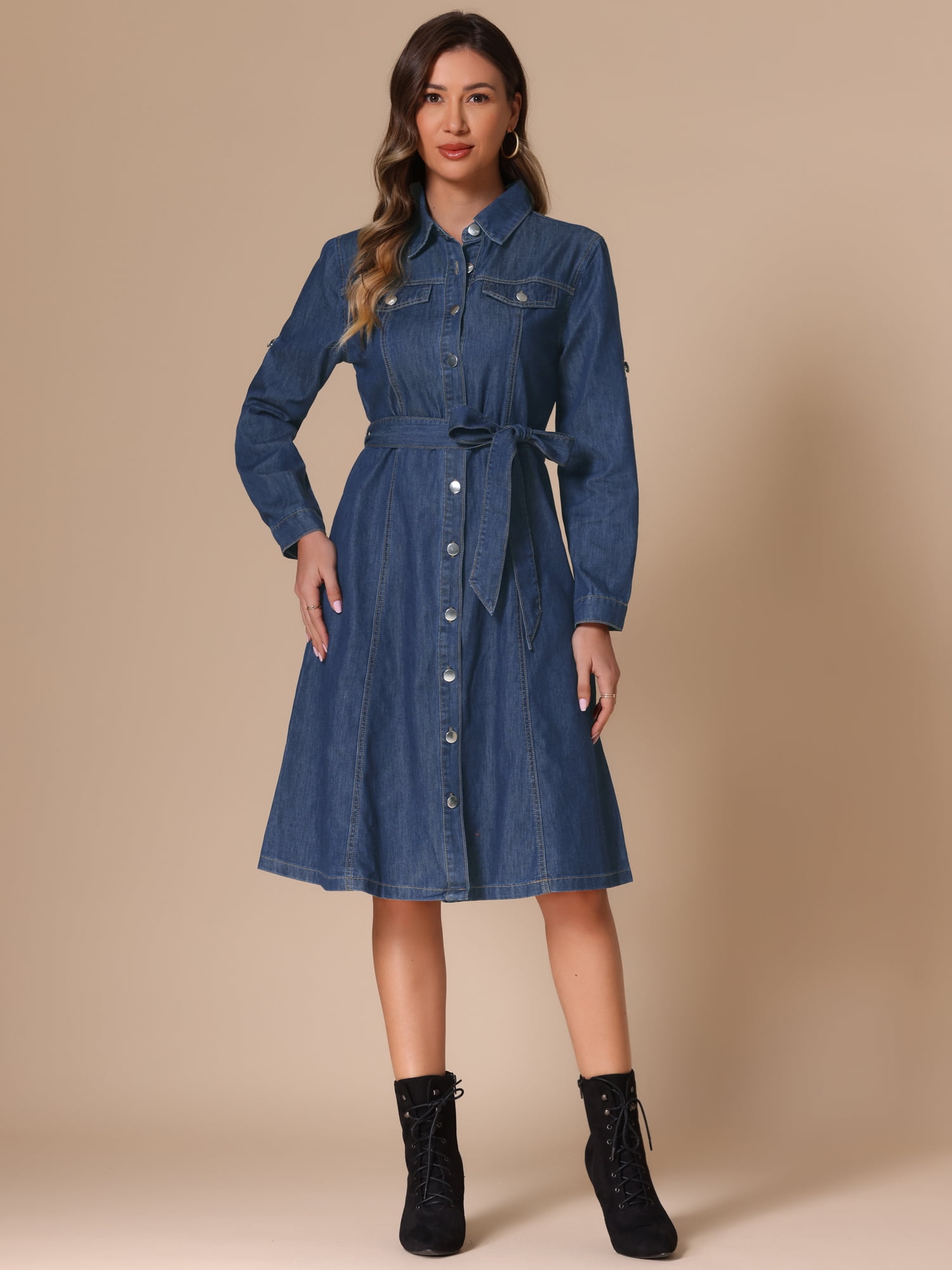 DARING DIVA Women's Denim Shirt Dress Long Sleeve Collared Belted Dress XS Dark Blue