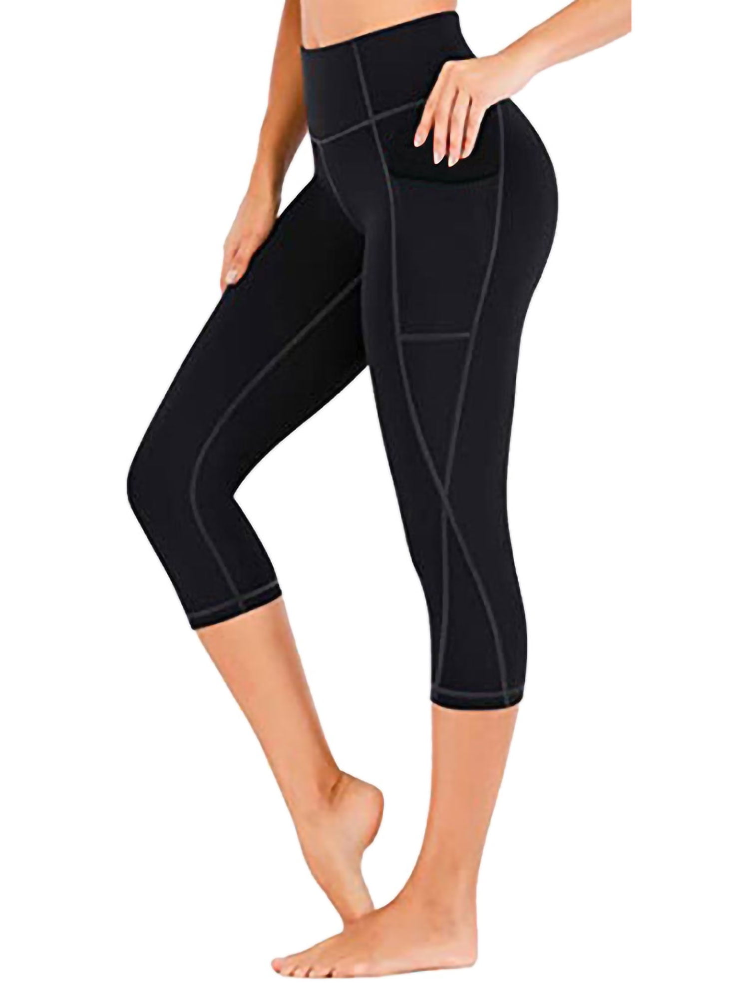 Leggings for Women Hight Waist Tummy Control Capris Seamless Sports Tight Elastic Quick Dry Solid Color Yoga Running Workout Gym Pants with Pocket