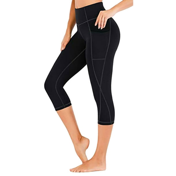 Ritualay Women Yoga Pants Solid Color Leggings Sport Stretch Capri Trousers Cropped  Tummy Control Bottoms Black L 