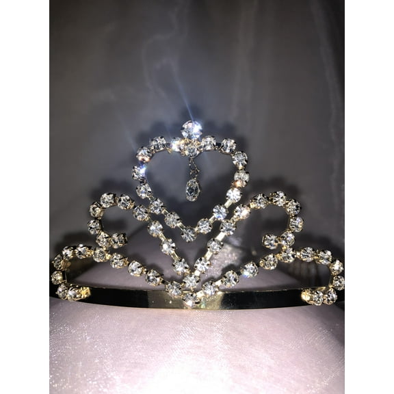 Charmed Heart Shape Tiara with Rhine stone Dangling; SWEET 15/16, BAPTISM, 1ST COMMUNION, Wedding; 2" 3.5"