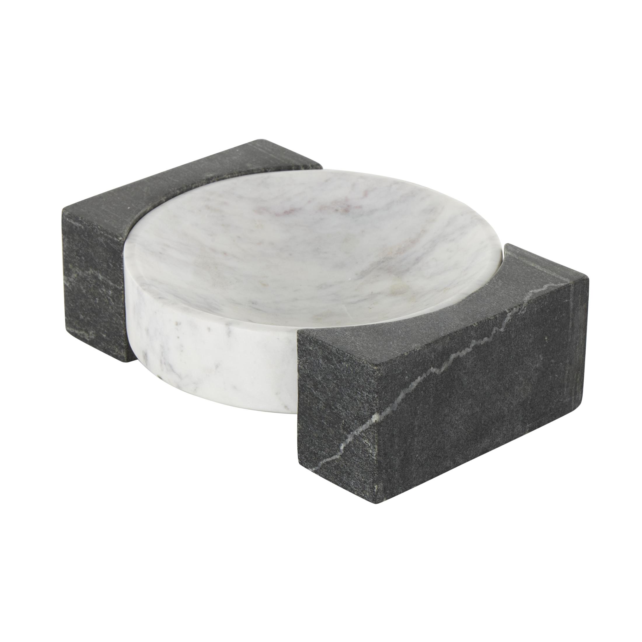 DecMode 10" x 8" White Marble Round Geometric Tray with Black Rectangular Blocks, 1-Piece