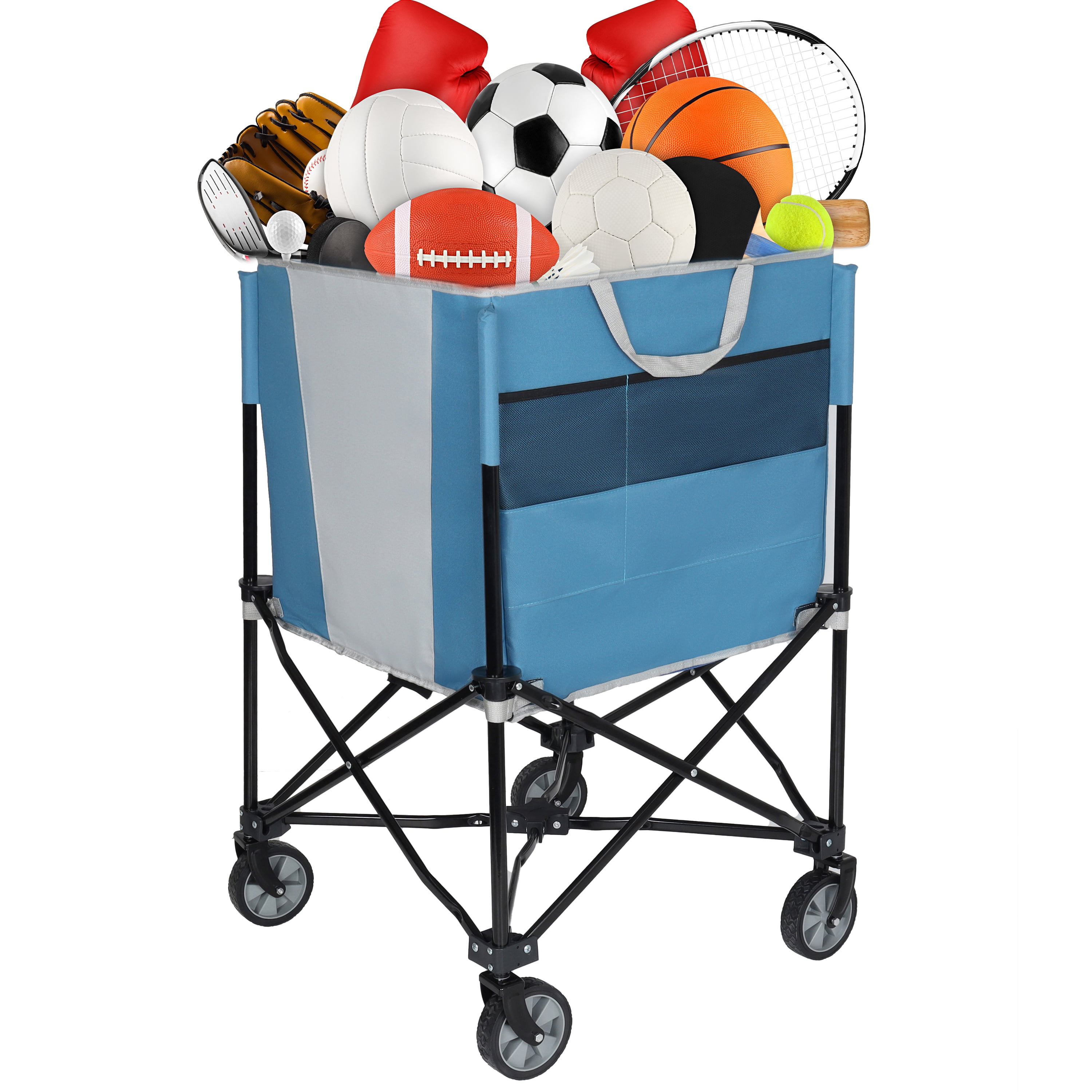Collapsible Tennis Ball Cart with 360° Wheels, Portable Sports Ball Hopper with Side Pockets, Washable Mesh Storage Basket for Tennis Pickleball Equipment