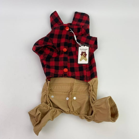 Xinfengge Red checkered shirt paired with khaki pants jumpsuit Pet clothing (S)