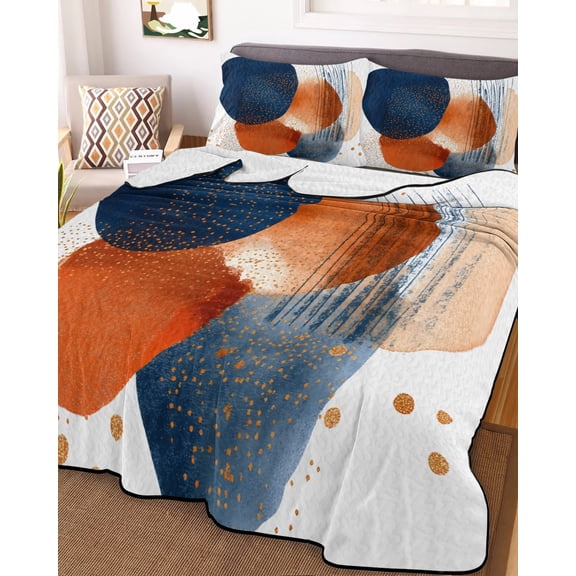 Navy Blue Burnt Orange Queen Size Down Alternative Comforter, Lightweight Comforter Quilt Bedding Set with Pillow Shams Artwork Vintage Geometric All Seasons Bed Comforter Duvet Insert 90"x96"