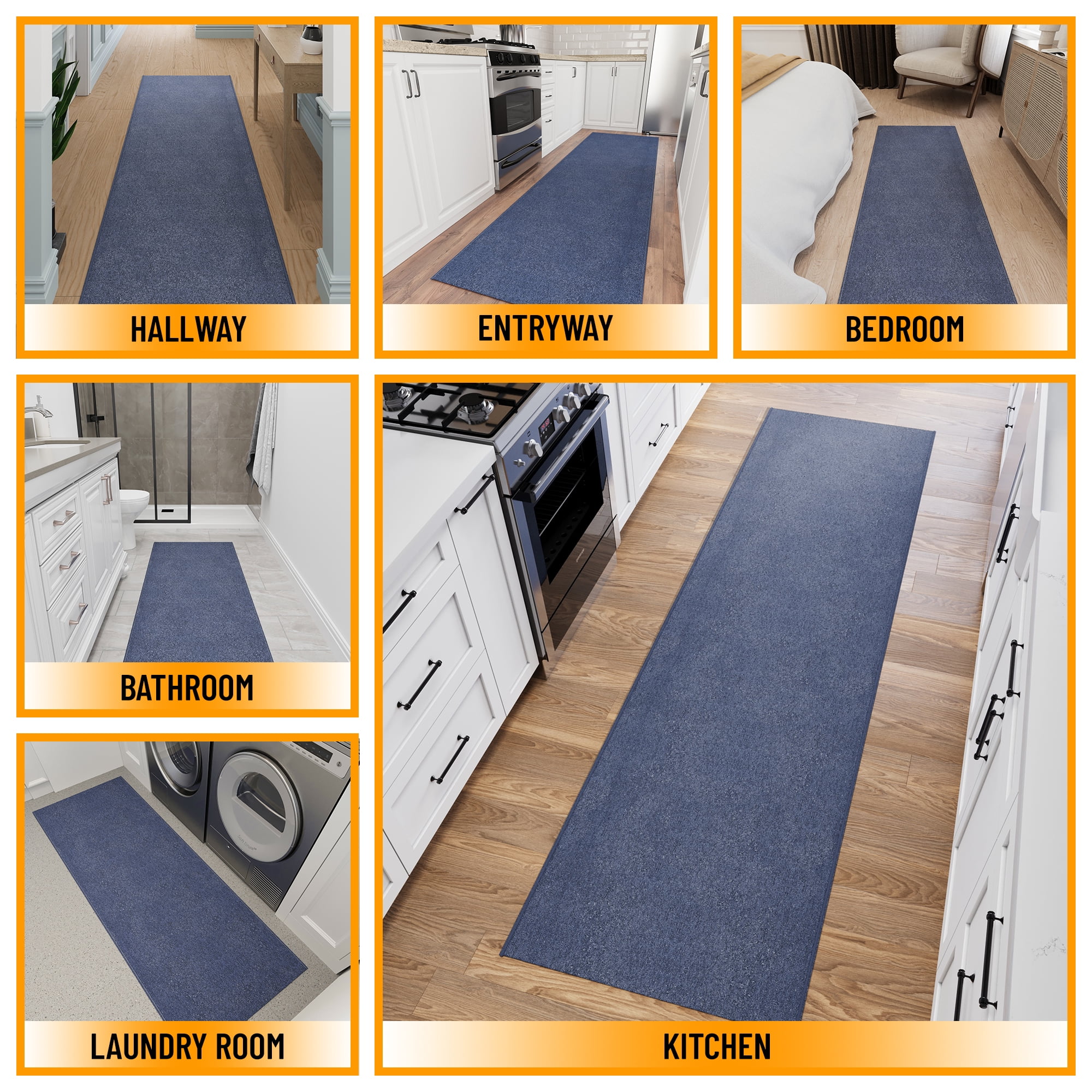 Ottomanson Hallway Runner Rug 1'10" x 47' Non-Slip Stain-Resistant Custom Size Carpet for Kitchen, Blue