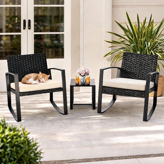 Aiho 3-Piece Rattan Rocking Set–Outdoor Patio Conversation Furniture with Coffee Table for Balcony, Garden, Backyard, or Poolside (Beige)