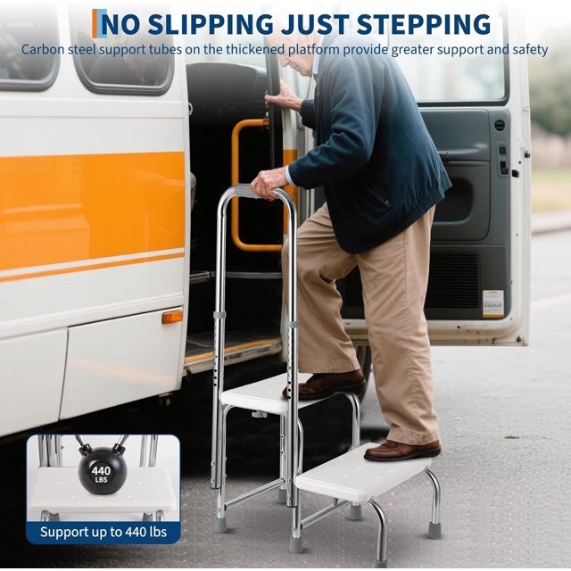 EastVita Aînés Step Stool avec Poignée - Hauteur Réglable 2 Marches Pied Médical Stool