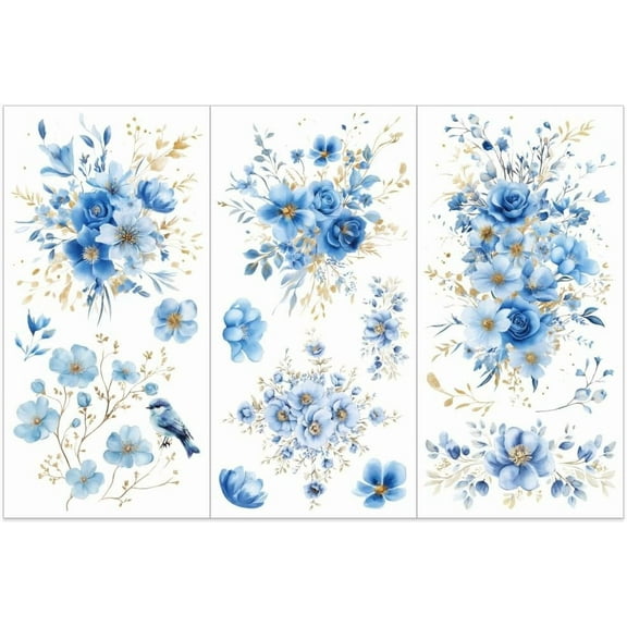 3pcs/Set Blue Gold Foil Flower Transfer Stickers 6x12 Inch Rub on Transfers for Furniture and Crafts Blue Flower Furniture Decals Floral Theme Rub on Decals for Wood Home Window Decor