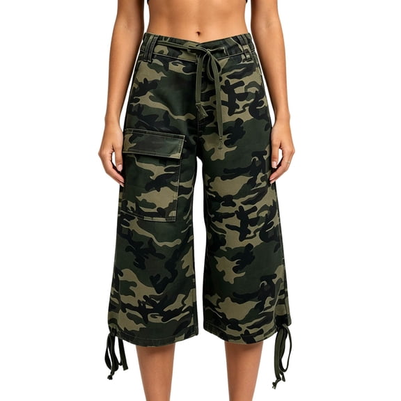 Uobin Women Camo Cargo Shorts Drawstring Low Rise Baggy Y2k Denim Shorts Loose 3/4 Pants Casual Jorts Streetwear