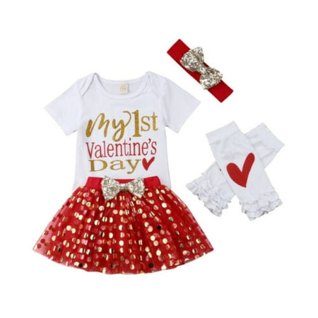 Newborn Baby Girls My 1st Valentine's Day Outfits Bodysuit Romper Dress Tutu Set